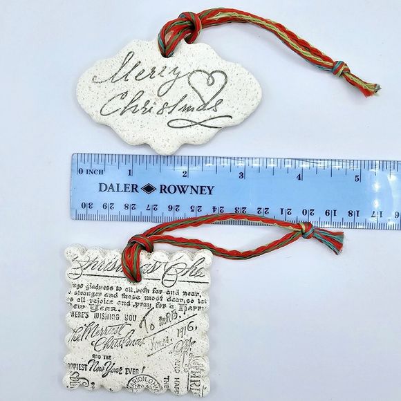 Merry Christmas Ornament Holiday Script Salt Dough Tree Trim Set of Two - Picture 6 of 6